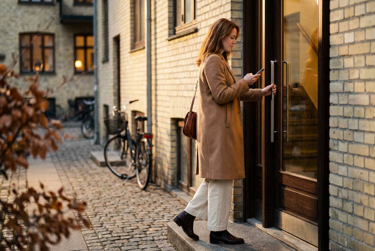 En boende öppnar porten med mobilen